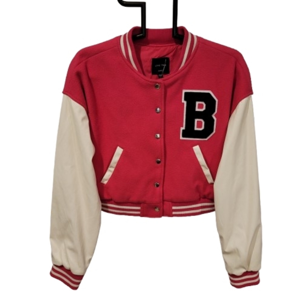 Love Tree Varsity Jacket Barbie University Fleece Pink White Large - Picture 2 of 12